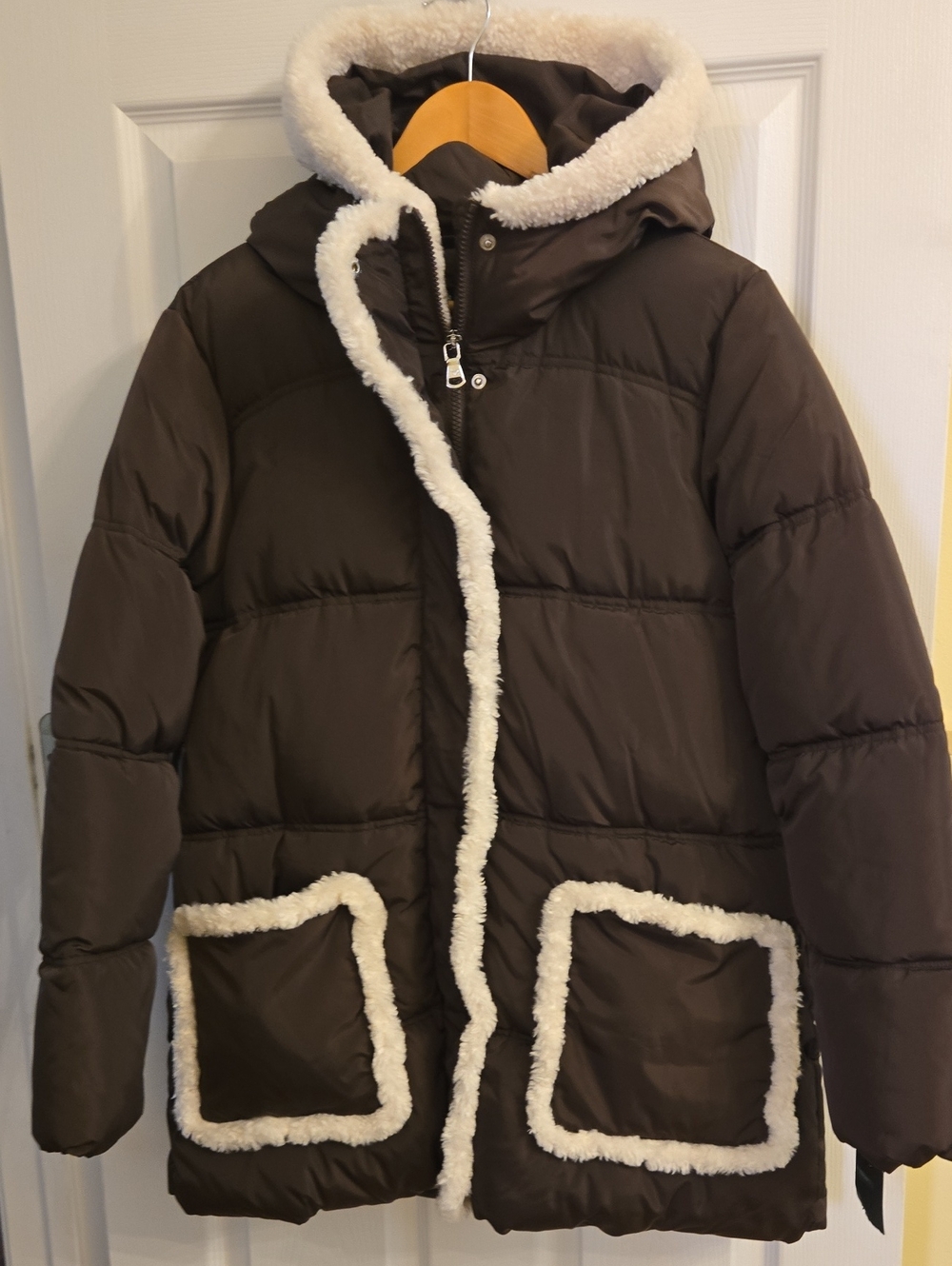 Kenneth Cole Brown Puffer Coat with Cream Sherpa Trim